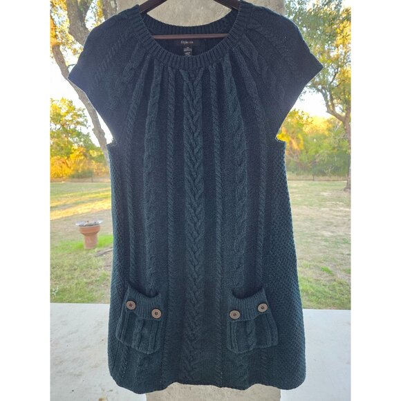Style & Co Cable Knit Sweater Dress XL Dark Green Cap Sleeve Rustic Chic & Cozy - Picture 9 of 13